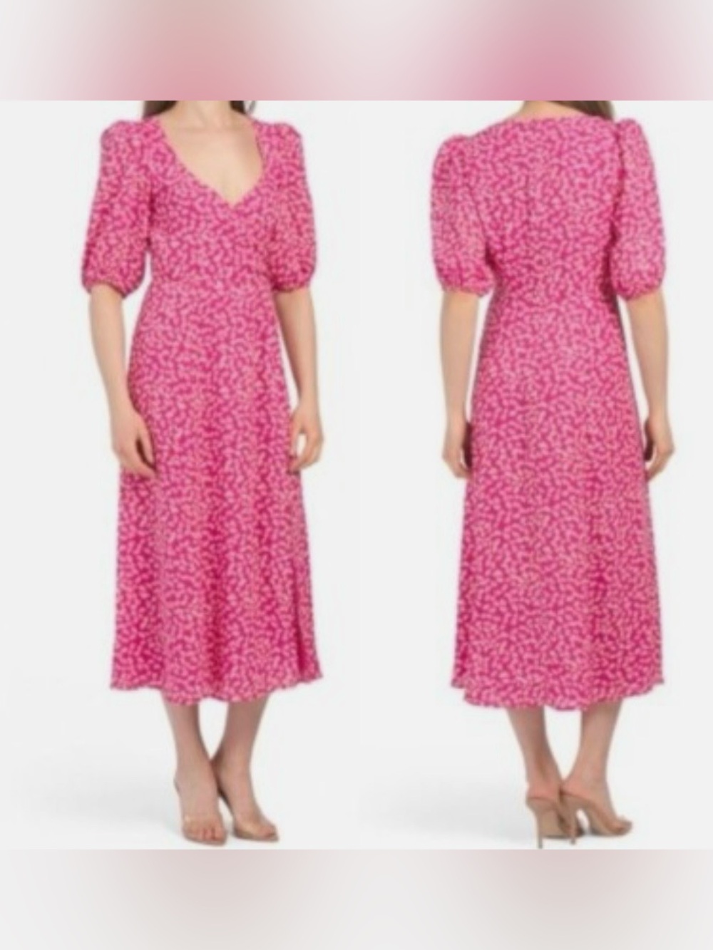 WAYF Pink Ditsy Daisy Short Sleeve Midi Dress EUC Sz L